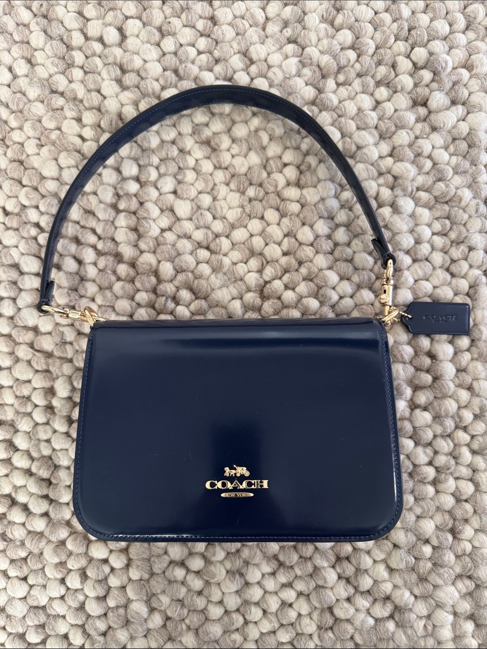 Coach Navy Patent Shoulder Bag with Gold Hardware